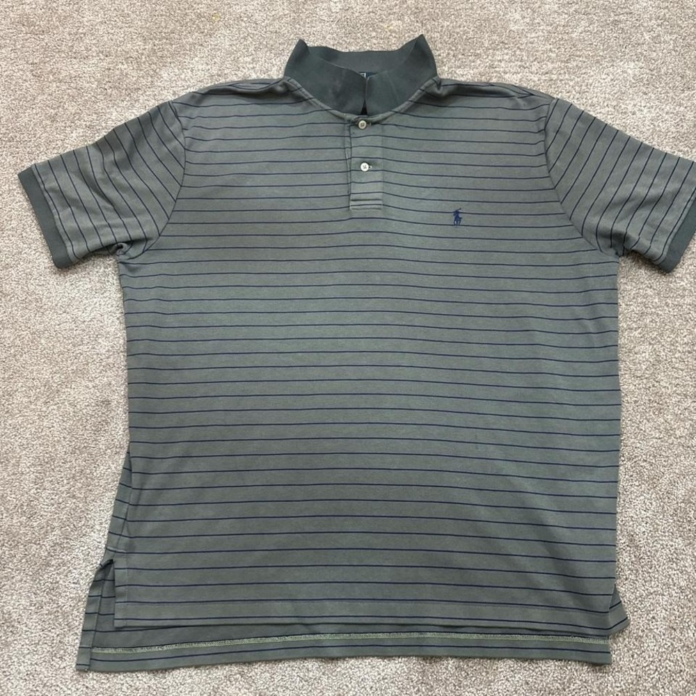 Polo Ralph Lauren Gray Polo Shirt XL Blue Pinstripe Classic Men's Casual Top